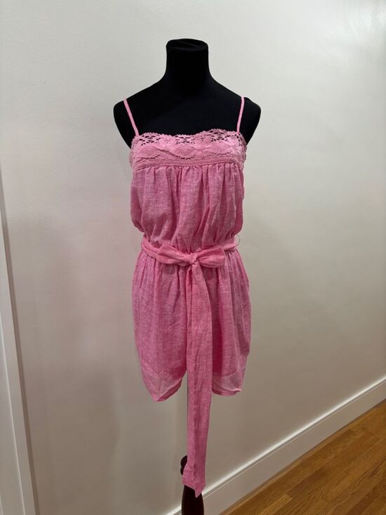 Olivaceous Pants - 629. Olivaceous Pink Romper With Lace-Trim & Waist Tie